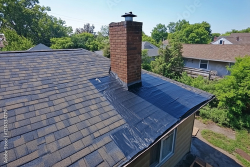 Roof repair process near a residential area during summer