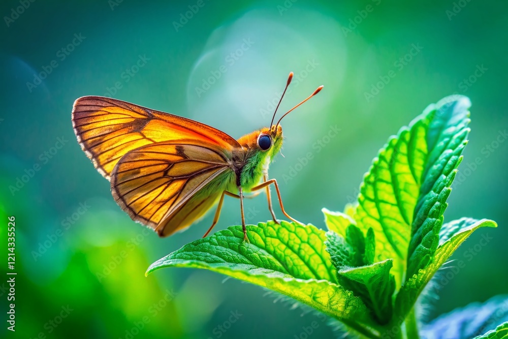 Fototapeta premium Grass Dart Butterfly on Mint Leaf - Close-up Stock Photo