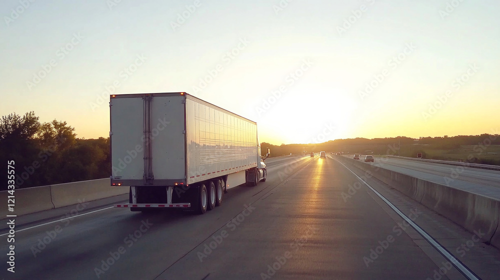 Semi-truck travels on a highway during sunset with a warm glow illuminating the road and landscape Semi-truck travels on a highway during sunset with a warm glow illuminating the road and landscape