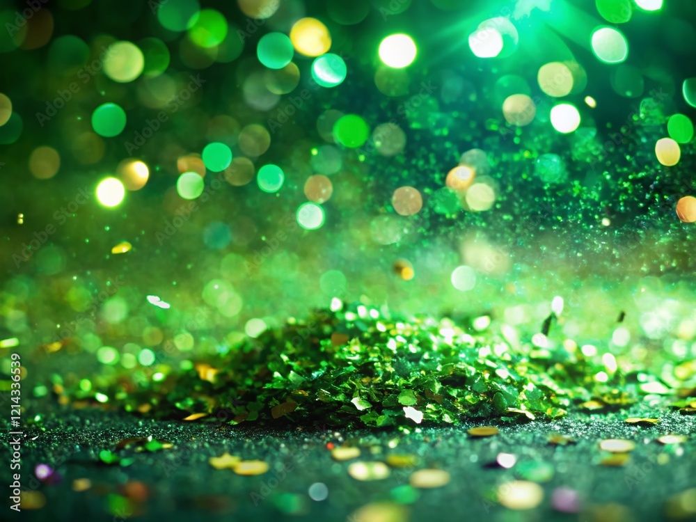 Obraz premium Green Confetti Celebration: Shimmering Lights & Bokeh on Vibrant Background