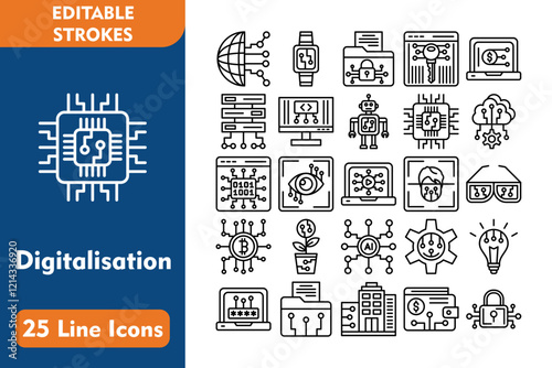 25 Digitalisation Line Icons Set Globalization,
Eye Scanner,
Setting,
Bulb,