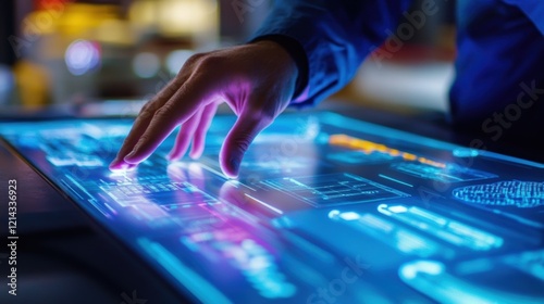 Software engineer using interactive touchscreen with glowing holographic user interface, working on futuristic augmented reality software in a dark technology lab
