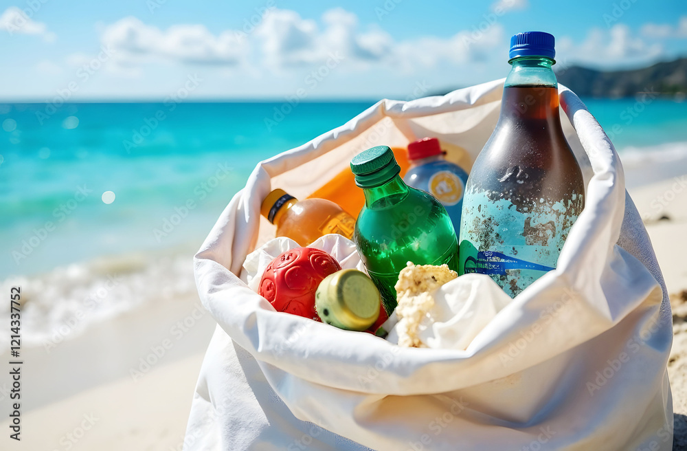 Obraz premium Collecting Waste on Beach, Plastic Trash, Ocean Pollution. A white bag filled with plastic waste on sandy beach with blue ocean background. Illustrates ocean pollution and waste management
