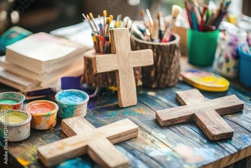 rustic crafting station with wooden crosses, colorful papers, paints, and bible-themed supplies arranged artistically, warm lighting on natural textures