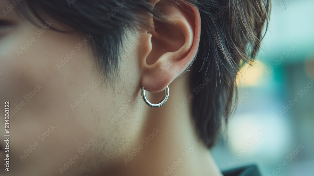整えられたヘアスタイルとシルバーフープピアスが映える日本人男性の耳元