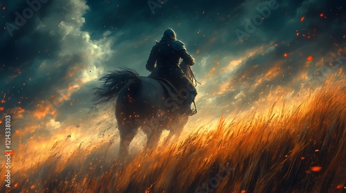 Lone knight riding horse through fiery field.