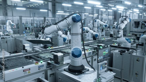 Automated Production Line for Circuit Boards. Manufacturing Conveyor Operating Without Technicians and Workers, Working Autonomously with the Help of Artificial Intelligence. High Angle Footage photo