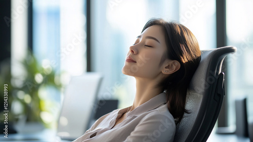 Free Download 明るいオフィスで背もたれに寄りかかり目を閉じる日本人女性の休息の瞬間 - GFXLoad