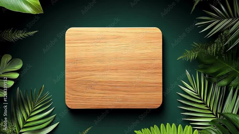 A wooden cutting board surrounded by lush green tropical leaves.