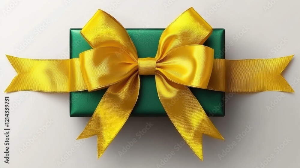 A rectangular gift box with alternating green and yellow stripes, finished with a large yellow bow, isolated on a transparent background with realistic shadows. A rectangular gift box with alternating green and yellow stripes, finished with a large yellow bow, isolated on a transparent background with realistic shadows.