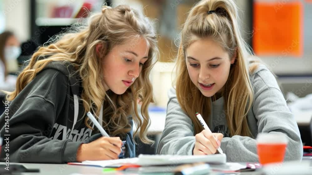 This Two students are focused on their collaborative project, writing notes together. This Two students are focused on their collaborative project, writing notes together.