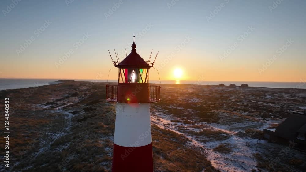 Aerial orbit of red and white striped lighthouse situated on a coastal landscape at sunrise in winter. Lighthouse West-List on the Ellenbogen (the 