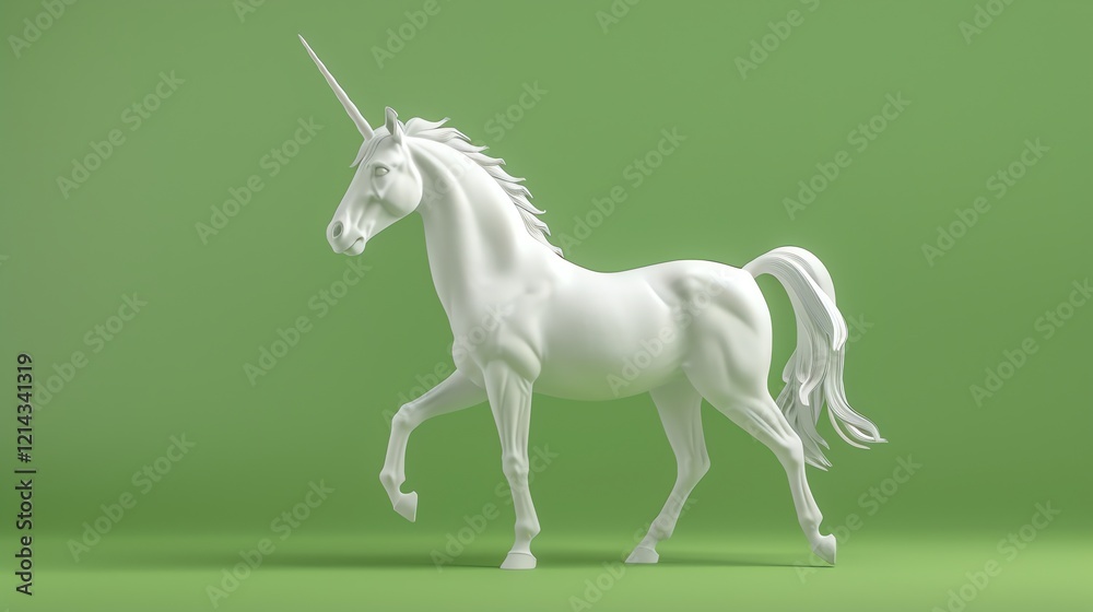 Fototapeta premium A white unicorn with a pink horn and mane, standing in a pink and white studio setting.