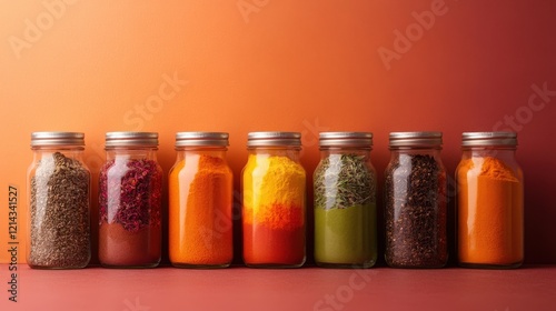 An artistic arrangement of colorful spices in clear jars creates a visually stunning display, reflecting the diversity and richness of flavors commonly found in culinary arts. photo