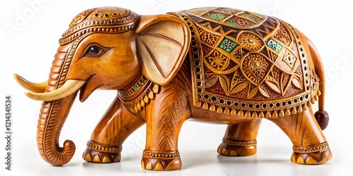 Hand Carved Wooden Elephant Figurine Isolated on White Background - Craft, Animal, Decor