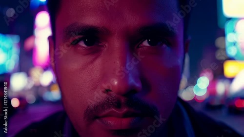 Video of gazes intently in vibrant urban setting at night with glowing lights illuminating scene