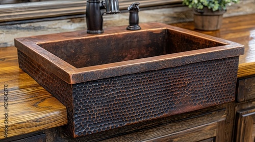Rustic Hammered Copper Farmhouse Sink on Reclaimed Wood Countertop