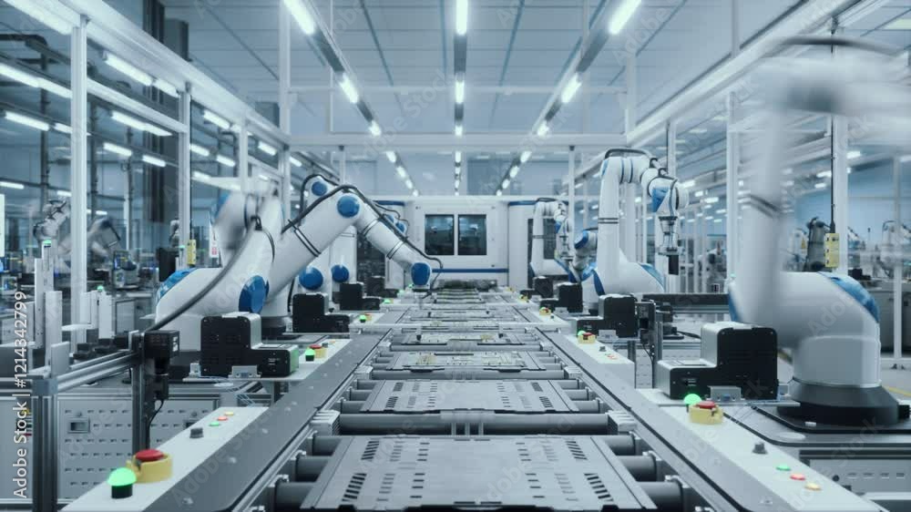 Autonomous Electronics Factory with Precision Robotic Arms at Work. Facility Operating with Advanced Manufacturing Technology, Efficient Conveyor Robots Producing Circuit Boards. Timelapse with Zoom