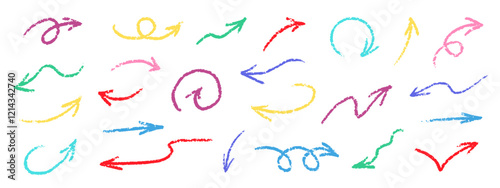 Crayon Arrows Squiggle Vector Set. Chalk Scribble Pointer Shapes Collection. Colorful Hand Drawn Brush Texture Spiral Swirls. Pencil Emphasis Elements Charcoal Doodle Curved Symbols Bundle