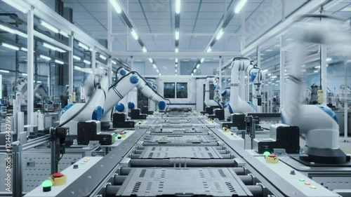 Autonomous Electronics Factory with Precision Robotic Arms at Work. Facility Operating with Advanced Manufacturing Technology, Efficient Conveyor Robots Producing Circuit Boards. Timelapse with Zoom