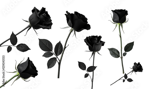 Set of Decorative Black Rose Silhouettes with Leaves - Vector Illustration photo