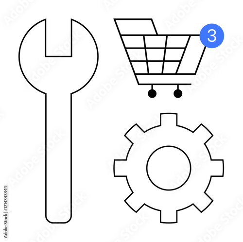 Wrench, shopping cart with notification, and gear outline emphasizing tools, maintenance, and commerce. Ideal for e-commerce, settings, updates, repair services tools marketing online shopping