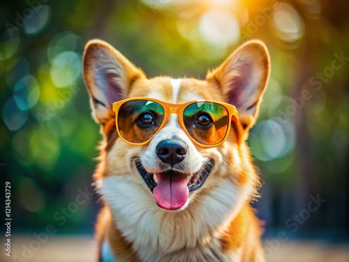 Happy Corgi Dog Wearing Dollar Sign Sunglasses, Fun Pet Photo, Wealth Concept, Tilt-Shift Photography photo