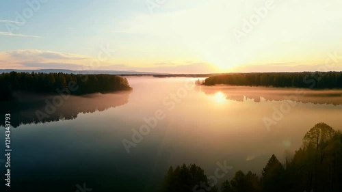 first person video of sunrise over a foggy lake featuring lush trees and calming waters in the early morning