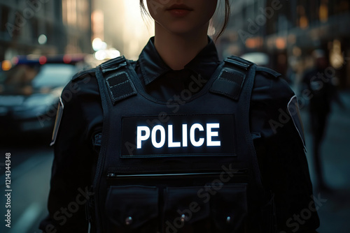 A city policewoman wearing a bullet proof vest with inscription POLICE