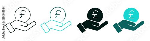 Hand holding a Pound coin icon set. English or British GBP coin. Line, color or black logo. Save money, salary, finance or cash concept. Logo symbol for web or app. Editable vector stroke.