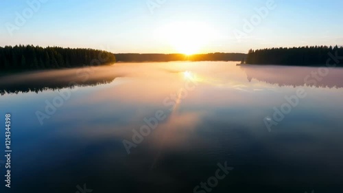 first person video of sunrise emerges over a foggy lake revealing tranquil reflections in the early morning light in a quiet natural setting