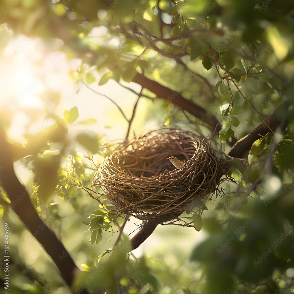 Intricate Tree Nest Illuminated by Sunlight, Offering a Cozy Sanctuary for Birds Amid Forest Canopy Intricate Tree Nest Illuminated by Sunlight, Offering a Cozy Sanctuary for Birds Amid Forest Canopy