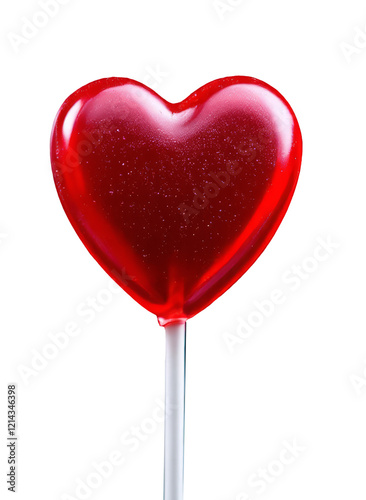 A close-up view of a red heart shaped lollipop on a white stick against a dark background