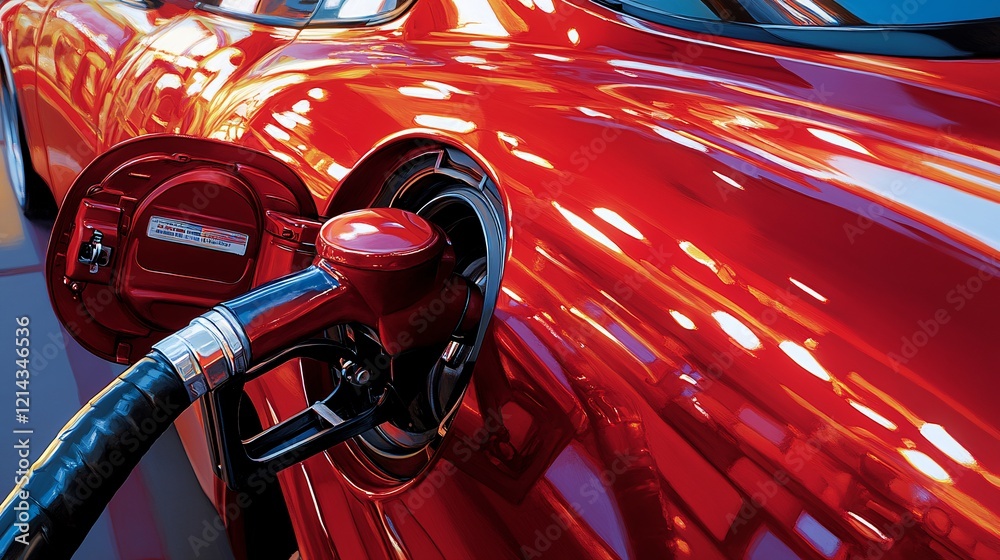 Fototapeta premium A car’s fuel tank being filled at a gas station, showcasing the refueling process in vibrant detail.