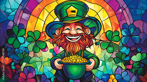 Cheerful leprechaun holding pot of gold surrounded by clovers and rainbow design photo