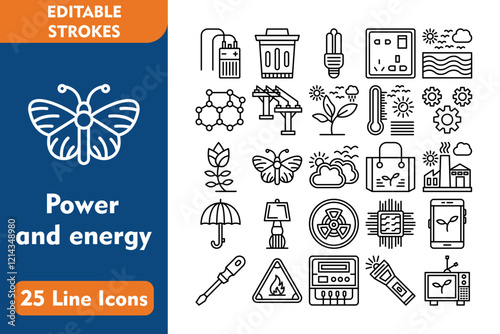 Power and energy Line Icons Inclued Icons Capacitor, Bin, Fluorescent Light, Socket, Water Waves, Molecule, Electric Pole