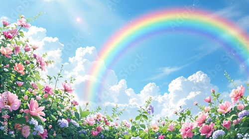 Vibrant rainbow over blooming spring flowers, ideal for seasonal greeting cards and nature blogs