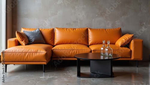 A plush orange leather sectional graces a chic space, flanked by a sleek black coffee table against a textured gray concrete backdrop. On one side rest two elegant glass decanters, while a delicate gl photo