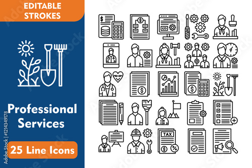 Professional services 25 Line Icons Design Budgeting, Invoice, Project Management, Add Task, Presentation, Engineer photo