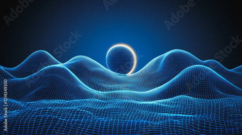 Abstract digital background electromagnetic wave background Innovation digital wave, information technology background and green luxury background with golden line decoration and curve light effect