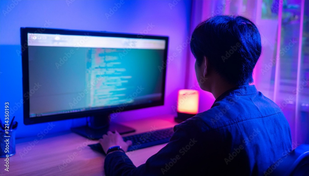自室でパソコン作業する男性。 自室でパソコン作業する男性。