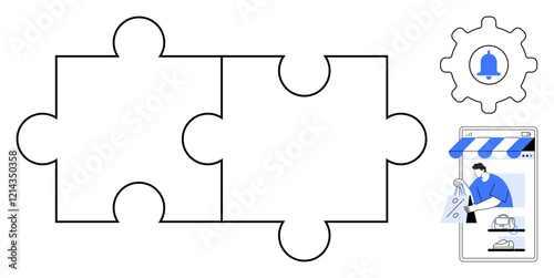 Two large puzzle pieces fitting together symbolize integration. Gear with notification bell, an online store interface with a person receiving a package. Ideal for collaboration, automation