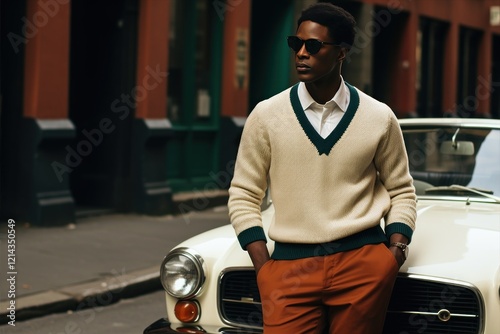A Chic and Stylish black Man Dressed in Retro Attire Posing Next to a Beautiful Vintage Car. Male African American fashion model