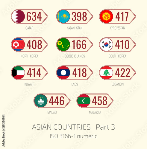 Set of vector illustrations of  ISO 3166 1 numeric and flags of Asian countries. Part 3.
