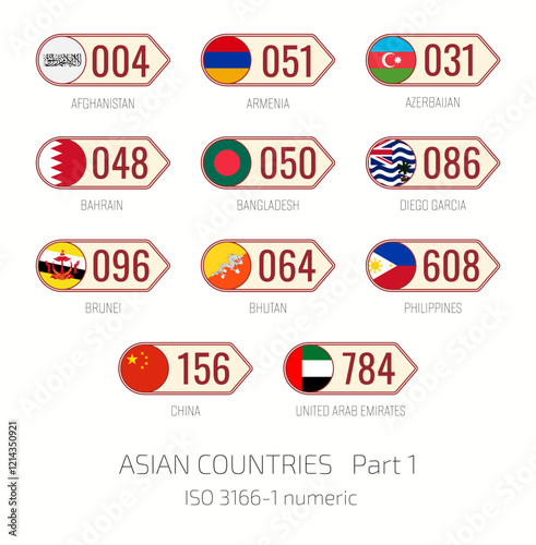 Set of vector illustrations of  ISO 3166 1 numeric and flags of Asian countries. Part 1.

