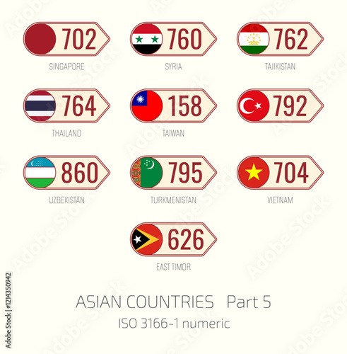 Set of vector illustrations of  ISO 3166 1 numeric and flags of Asian countries. Part 5.
