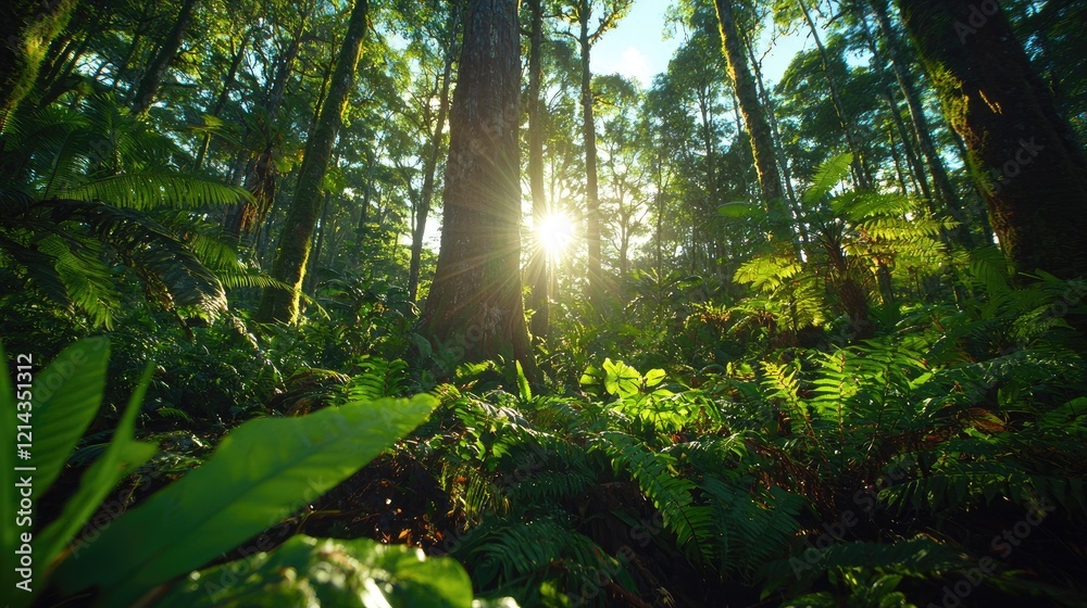 Sun shining through lush rainforest canopy Sun shining through lush rainforest canopy