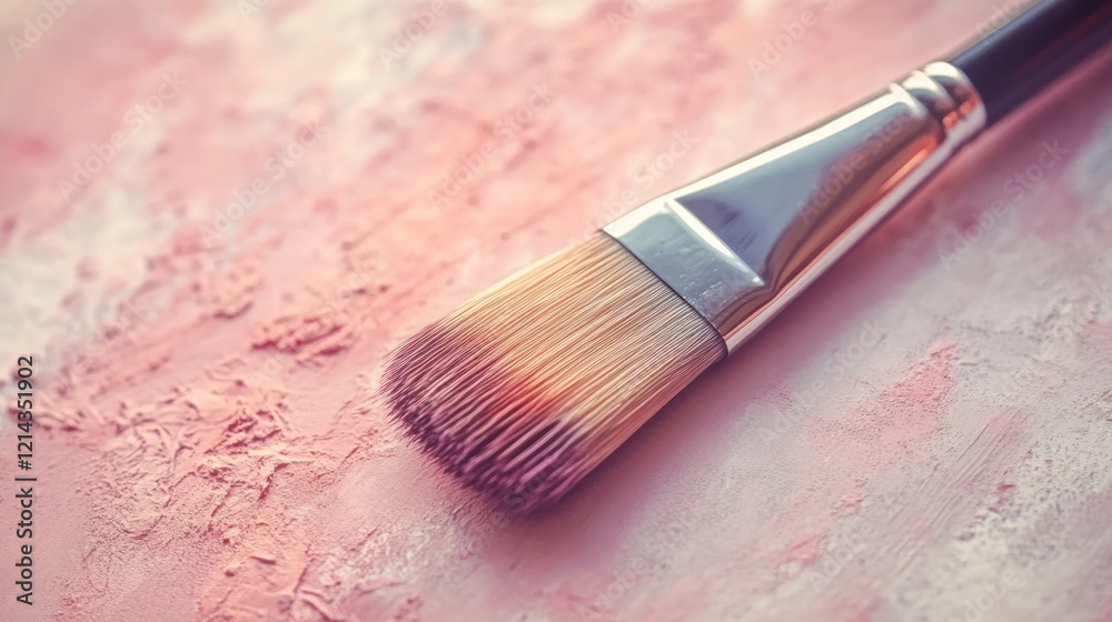 Close-up of a paintbrush on a textured pink surface. Close-up of a paintbrush on a textured pink surface.