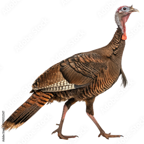 A detailed, lifelike depiction of a walking turkey showcasing its colorful plumage and distinctive features.
