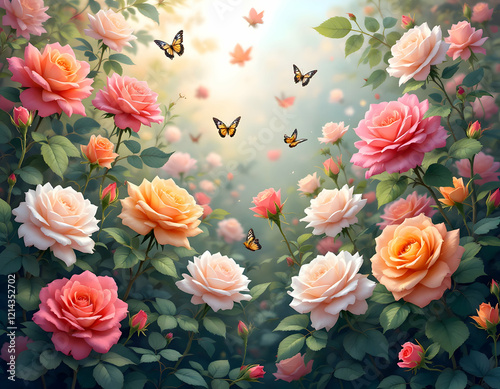 Enchanted Rose Garden: A Serene Tapestry of Blossoms and Butterflies